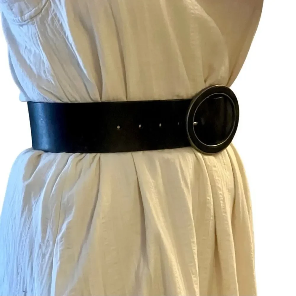 NEW Sisley Black Leather Wide Oversized Oval Buckle Silver Belt S